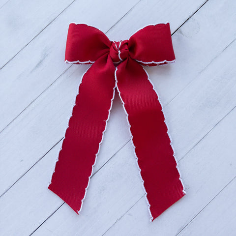 Hair Bow with Long Tails: Moonstitch - Red / White
