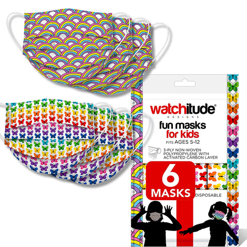 6 Pack Disposable Kids Masks - Butterfly & Rainbow Playground