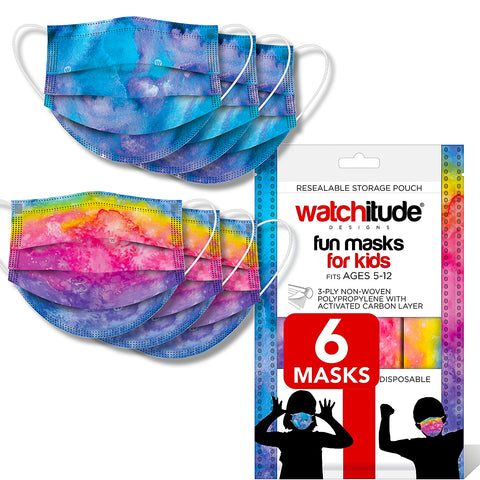 6 Pack Disposable Kids Masks - Rainbow Tie Dye & Purple Tie Dye