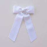 Hair Bow with Long Tails: Scalloped - White