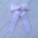 Hair Bow with Long Tails: Moonstitch - White / Pink
