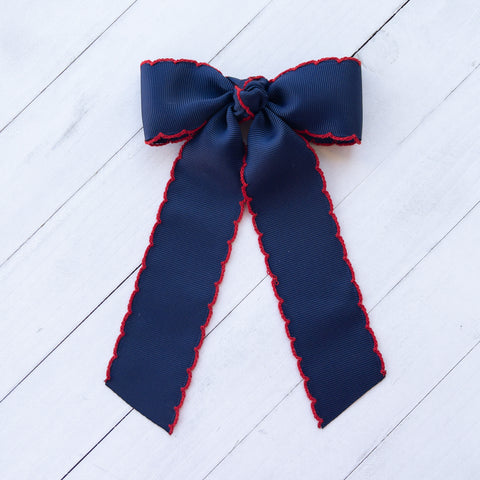 Hair Bow with Long Tails: Moonstitch - Navy / Red