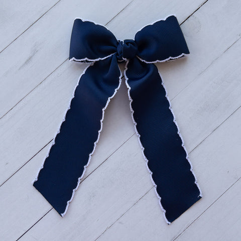 Hair Bow with Long Tails: Moonstitch - Navy / White