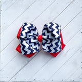 Double Bow: Navy Chevron on Red