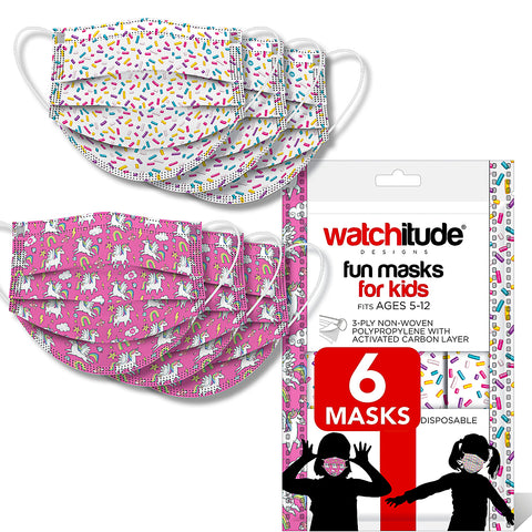 6 Pack Disposable Kids Masks - Sprinkles & Unicorn World